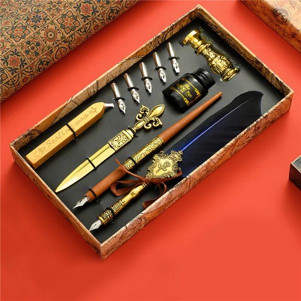 Pens Antique Feather Dip Stift Kit Retro Holzbrunnen Stifte Set klassischer Wachssiegelstempel für Kalligraphie Art Words Student Pencil Geschenk