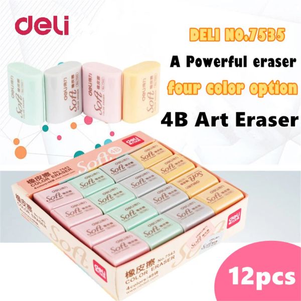 Erasers Deli 12pcs Корейские канцелярские канцелярские товары 4B Студенческая живопись, не оставляя отметки карандаша для офисных поставки оптовые