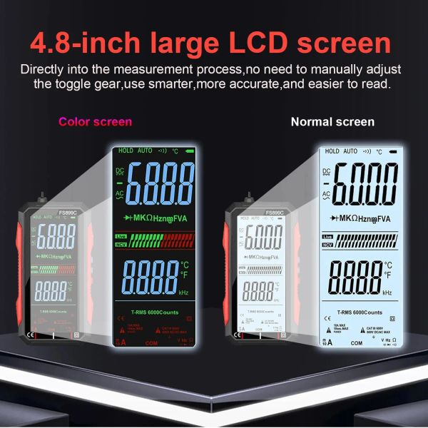 FS899c wiederaufladbar 4,8 Zoll großer Leinwand 6000 Zählungen Smart Digital Multimeter Auto-Bereitschaftskapazität Ohm Hz Diode Live-Prüfung