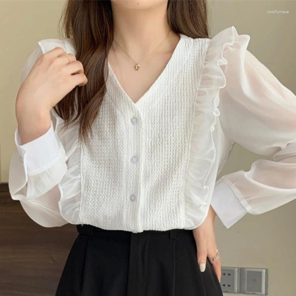 Frauenblusen plus Größe 4xl weiße Tops Frauen Chiffon Kleidung elegante weibliche und lange Ärmel Puffärmel v-Hals feste Rüschen