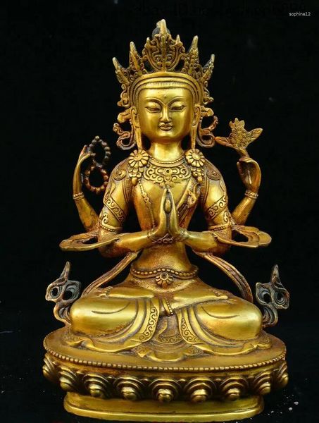 Estatuetas decorativas antigo tibete budismo templo bronze 4 braços chenrezig deusa Buddhas estátua