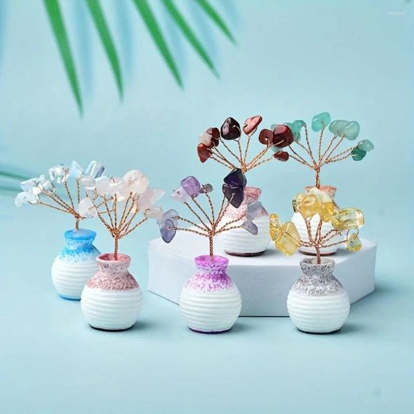 Decorazione per feste Super Mini Crystal Money Tree Filo di rame Agate Base Base Chakra GEMSTONE FENG SHUI per decorazioni per la casa Vaso azzurro