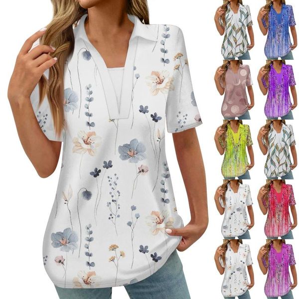 Camisetas femininas Button Down Down T-shirts Fashion Casual Vintage Impresso de mangas curtas Blusa confortável do tipo Slim ROPA MUJER Juvenil