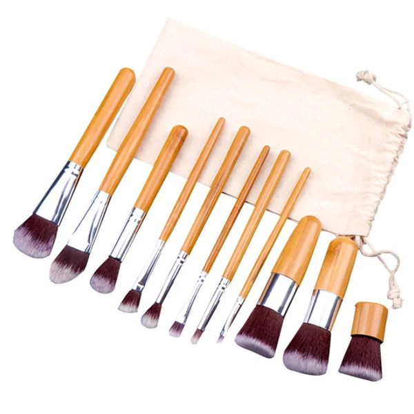 11pcs Bambu Makyaj Fırçaları Kenevir torbası ile doğal tutamaç set yüzü göz makyaj fırçası 240403