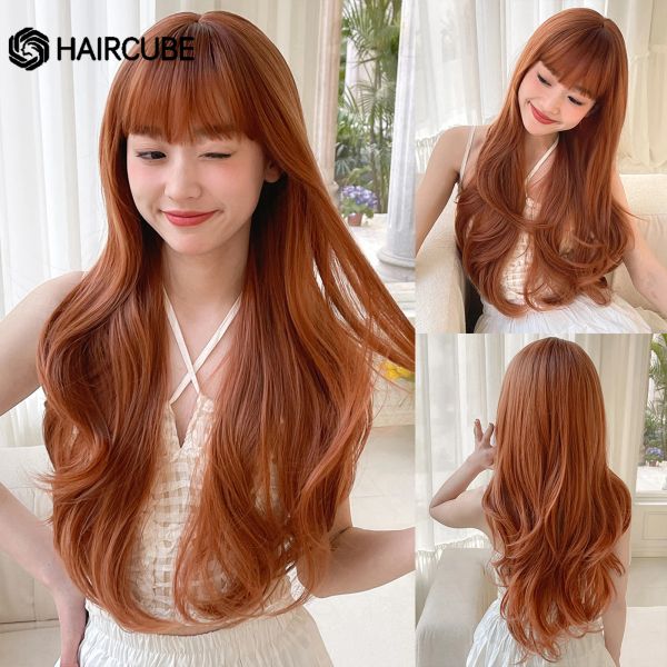 Perucas para o cabelo de cabelo de cabelo vermelho longo de cobre marrom marrom perucas sintéticas para mulheres cabelos lisos naturais peruca de cosplay diariamente com franja resistente ao calor