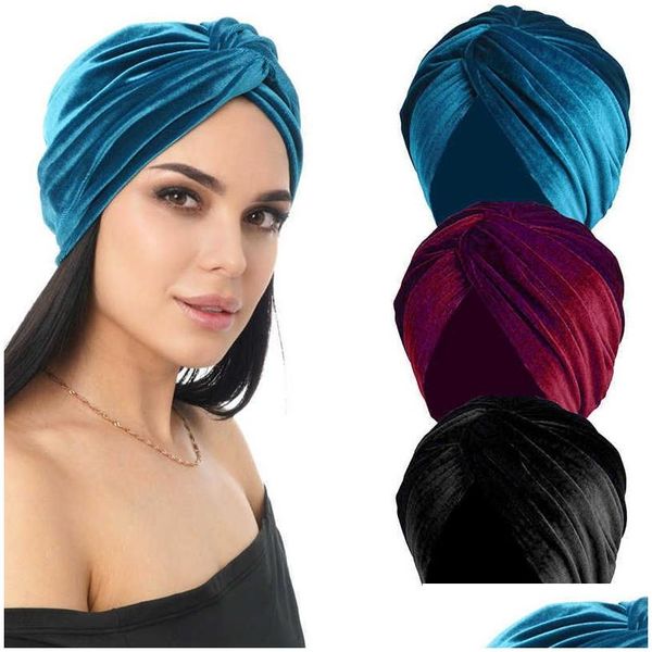 Fasce per la testa del cappello da donna veet turbante morbido tratto croce tappo per la testa della testa musulmana femmina eleganti accessori per chemio chemio a colori solidi dhb38