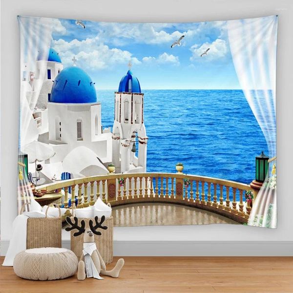 Taquestres Seaview Room Tapestry Sea Coconut Tree Wall Beach Praia 3D Impressa grande Boho Hippie Home decorativa