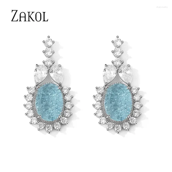 Baumelnde Ohrringe ZAKOL Mode Hellblau Oval Tropfen Glänzend Burst Zirkonia Frauen Ohrring Für Braut Hochzeit Schmuck