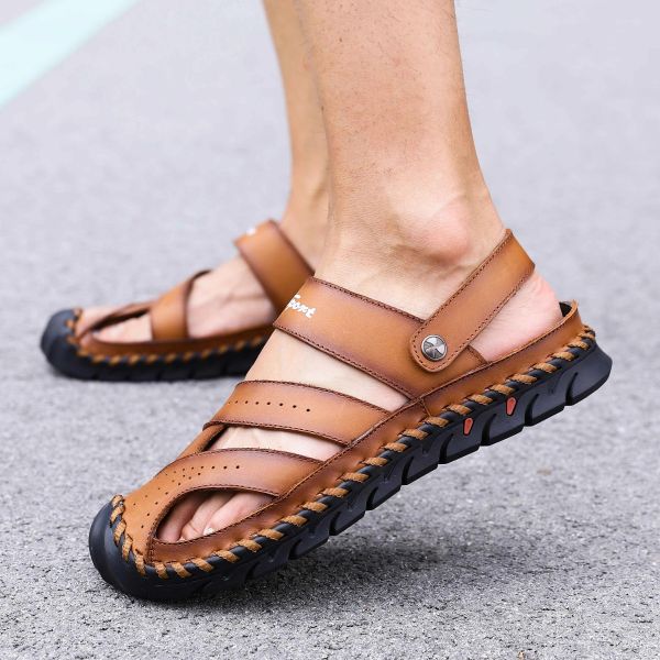 Сапоги Men Sandals 2022 Кожаная кожаная мужчина летние туфли Мужчина Новая повседневная удобная босиком больших сандалий мужчины пентуфле homme взрослые