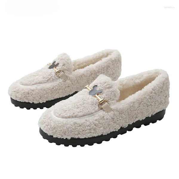 Lässige Schuhe Winter weiße Wolle Ladies Luxusschnallen Flats Frauen Plüsch Schafspelz -Ladung verdicken Fuzzy Moccasins Femme Baumwolle