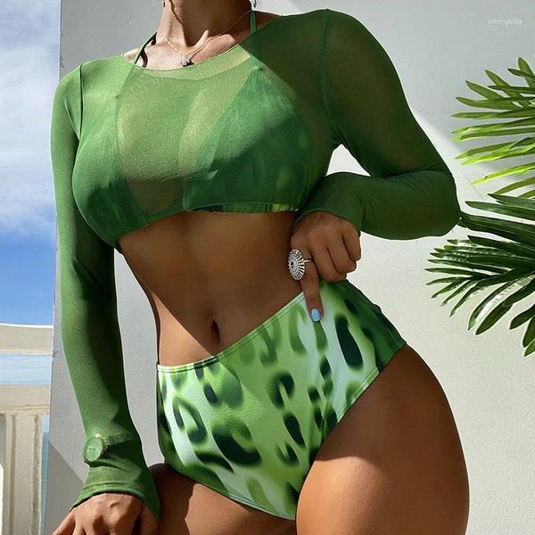 Женские купальники с зеленым принтом, бикини с длинным рукавом, комплект из 3 предметов, женский купальник 2024, сексуальное марлевое пальто, купальный костюм с высокой талией, летняя пляжная одежда OLJK203