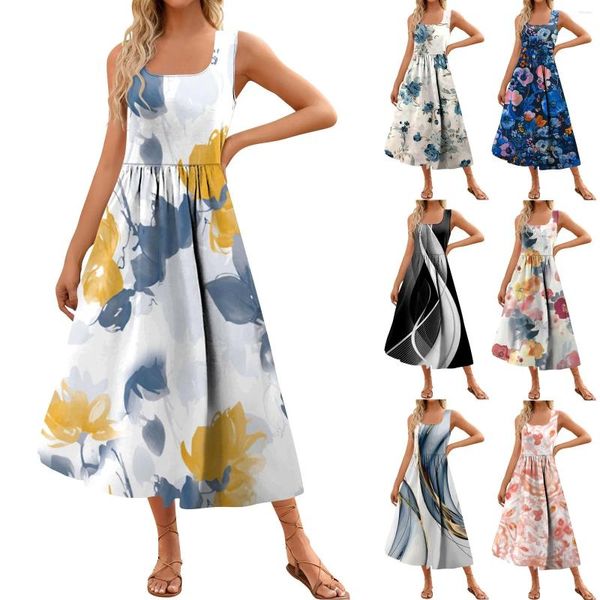 Abiti casual Summer's Maxi Abito da donna Simposta floreale Sleevelezza quadrata fluida Tank Elegante con tasche Vestitidos Largos