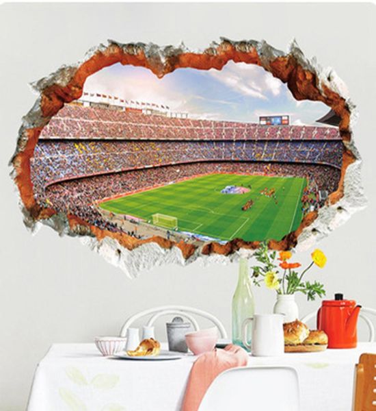 3D Estéreo Vista de parede rachado Vista de futebol adesivos de parede de campo decoração de casa Mural Poster Arte da sala de estar Decoração de escritório de escritório Wallpap5092530