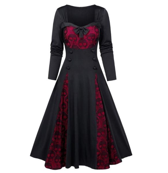 Vestidos casuais inserir botão simulado vestido bowknot vestido de halloween costplay figurmhes vampiro traje de bruxa plus size skull lace8370117