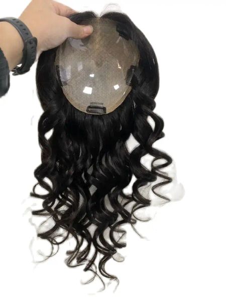 Toppers Bouncy Wave Clip в человеческих волосах Женщины Topper Silk Skin Base Toupee 100% Европейские девственные наращивания волос для тонких белых волос