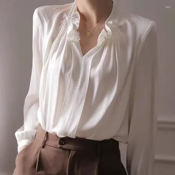 Blouses feminina Evnisi Mulher elegante de decote em V White Blouse Casual Casual Camisa de Escritório Longo Pullover de festa chique para 2024 Spring