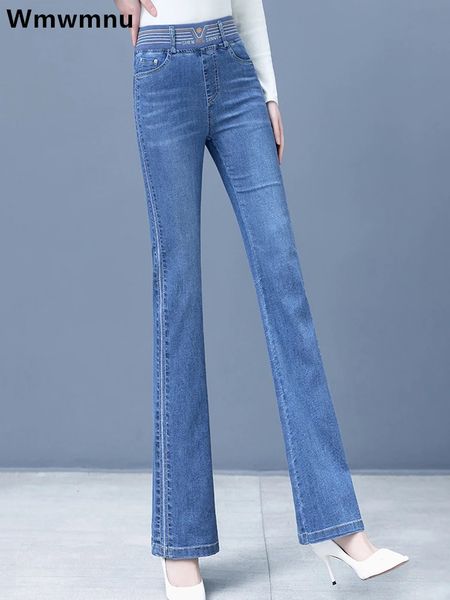 Jeans a bagliore ad alta vita per donne ricamato casual slim pantaloni primaverili primaverili di primavera tratono dritto vaqueros 240403