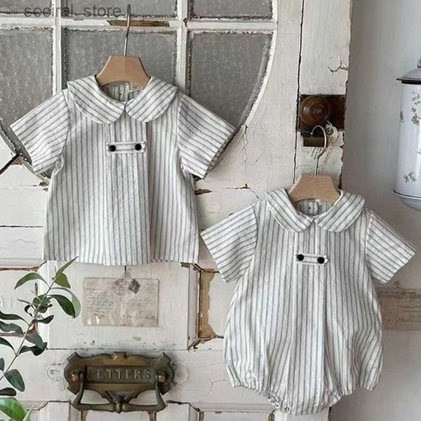 Rompers Sommer Neugeborene Jungen Mädchen Jumpsuit Streifenpuppenkragen Baby Mädchen Kleidung Baumwolle Kleinkind Baby Mädchen Strampler koreanischen Stil L240402