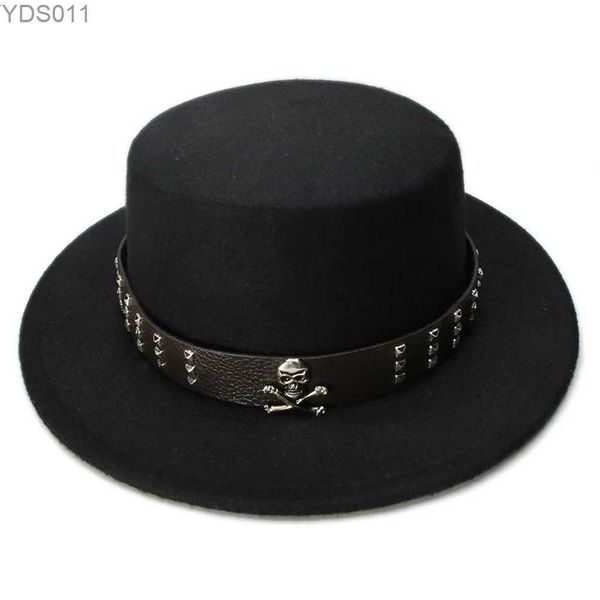 Chapéus de aba larga balde luckylianji feminino de lã vintage felt hat hat porco pi skull skull cinturão (57 cm/ajuste) yq240403