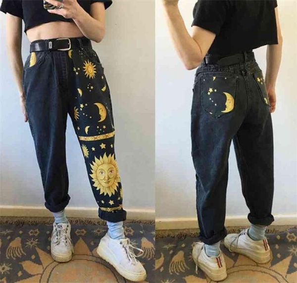 Digital Moon Star Bedruckte gerade Hose Trendige Jeans Mode Damen Hohe Taille Junge Mädchen Chic Denim 2109076817377