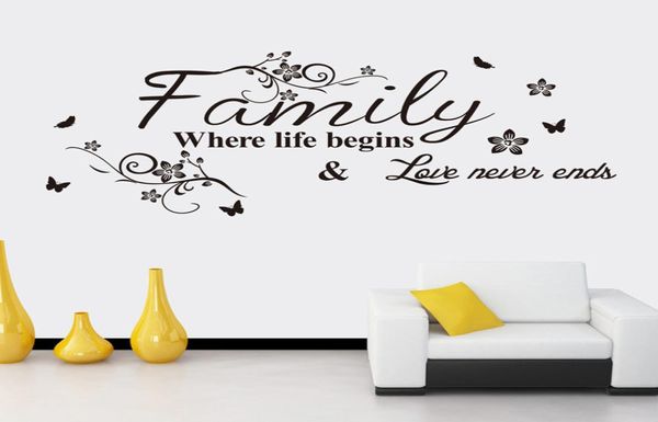 Família de flor preta onde a vida começa o amor nunca termina citação decalque adesivo inglês dizendo flor rattan arte mural sala de estar 3717934