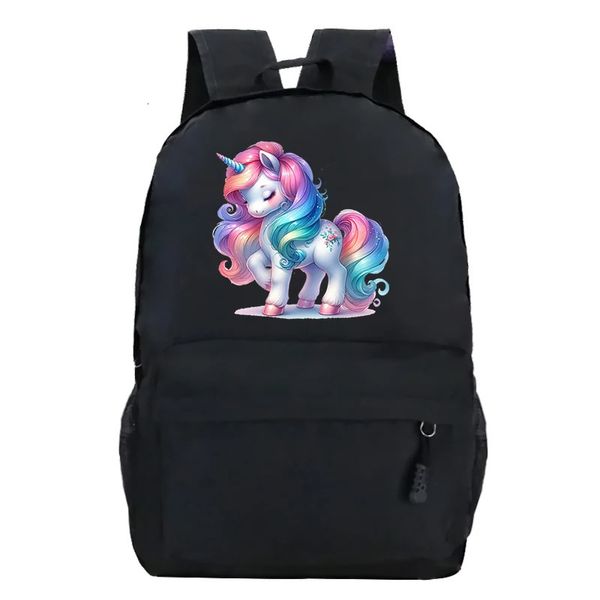 Unicórnio moda menina mochila feminina ombro elegante arco-íris high school schoolbag preto harajuku sacos 240323