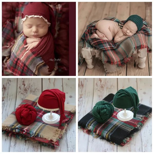 Fotografie 2020 Neuankömmlinge Neugeborene Fotografie Kleidung Weihnachten 3pcs Set Hut + Wrap + Plaid Decke Baby Fotoshooting Accessoires Rot Grün