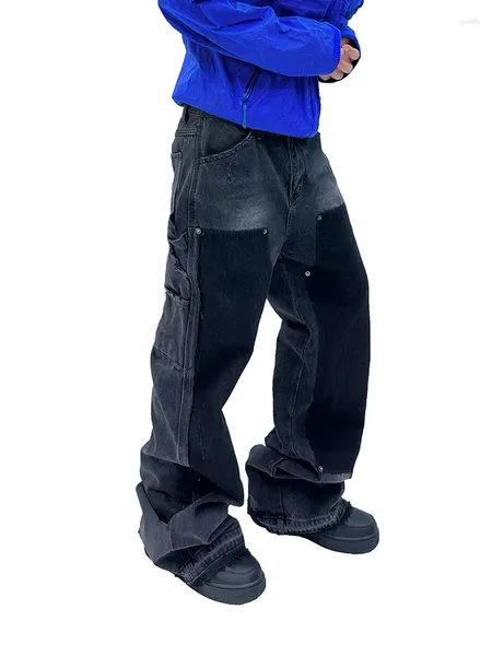 Pantaloni da uomo Stile tecnico Design di nicchia Rivetto effetto lavato Nappa distrutta Salopette leggermente svasata da donna Jeans tascabili Uomo