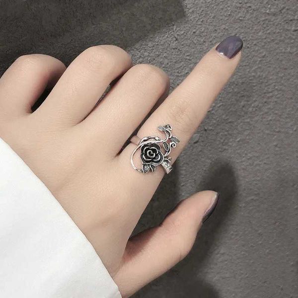 2pcs Eheringe Buyee 925 Sterling Silber Big Flower Ring Finger Carving Rosegrau ethnischer offener Ring für Frau Fashion Party Fein Schmuckkreis