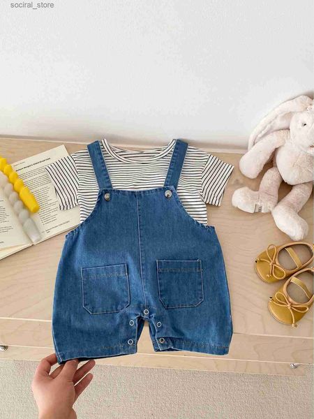 Rompers 2024 Summer Nuovo figura senza maniche per bambini Solid Boy Girl Fashion Denim Strap Cingudo da bambino per bambini Casuals Casuals Casuals Cash Case L240402