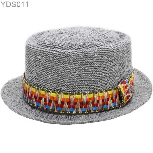 Weitkehne Hüte Bucket Luckylianji Schweinehermen Womens Unisex Polyester Rundflacher Flachhut Sun Beach Jazz Piete Vintage Woven Band (56-58 cm) YQ240403