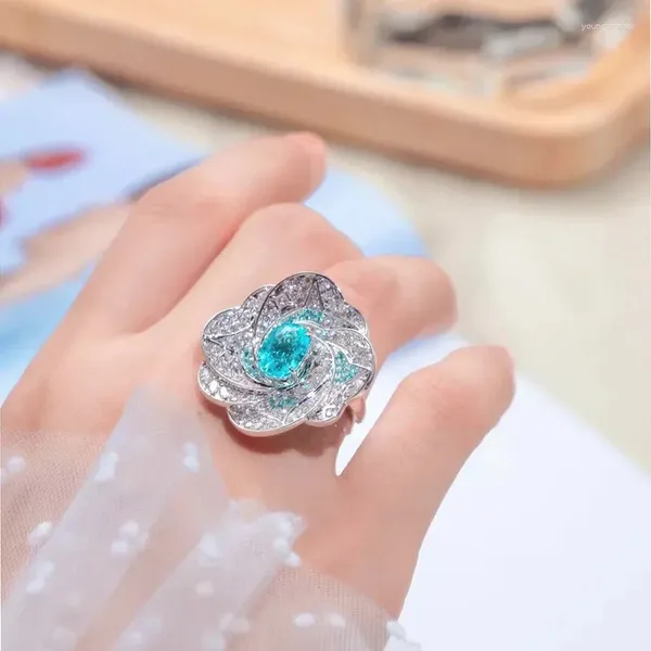 Anelli a grappolo di lusso ovale blu gemstra di cristallo grande fiore per donne colori argento matrimonio anel gioielli di alta qualità