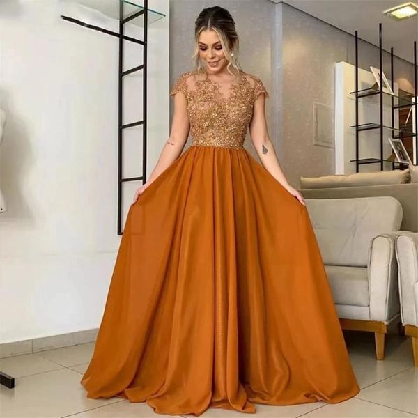 Vestidos de festa elegantes com miçangas A-line Chiffon Prom Dress Apliques longs Apliques Scoop Cap Sleeves Distras de noite Ilusão de volta mãe da noiva