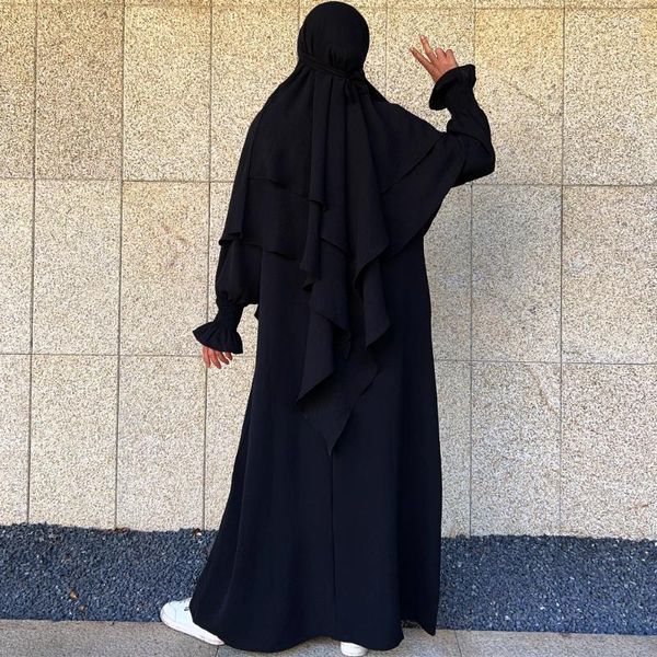 Roupas étnicas Khimar e Abaya 2 Peças Conjunto de Oração Islâmica Mulheres Muçulmanas Vestido Longo com Bolsos laterais Hijab Duas camadas de volta
