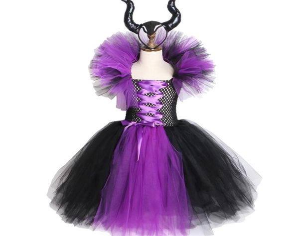 Maleficent Evil Queen Girls Tutu Kleid mit Hörnern Halloween Cosplay Witch Kostüm für Mädchen Kinder Party Kleid Kinder Kleidung Y208291889