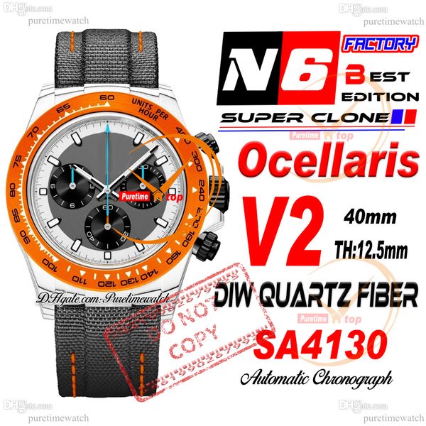 Diw ocellaris quartzo carbono sa4130 cronógrafo automático masculino n6f v2 moldura laranja white dial cinza nylon super edição