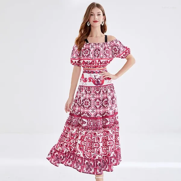 Vestidos de trabalho pista férias de verão duas peças conjunto mulheres slash neck azul e branco porcelana vermelha impressão curto tops boho praia saia longa ternos