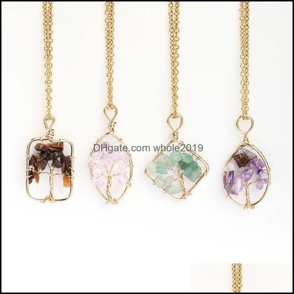 Colares pendentes encantos de cristal de pedra árvore de cor de cobre árvore de arame de arame de arame amethyst tigre olho rosa quartzo lacacsale jóias gota dell dh37t