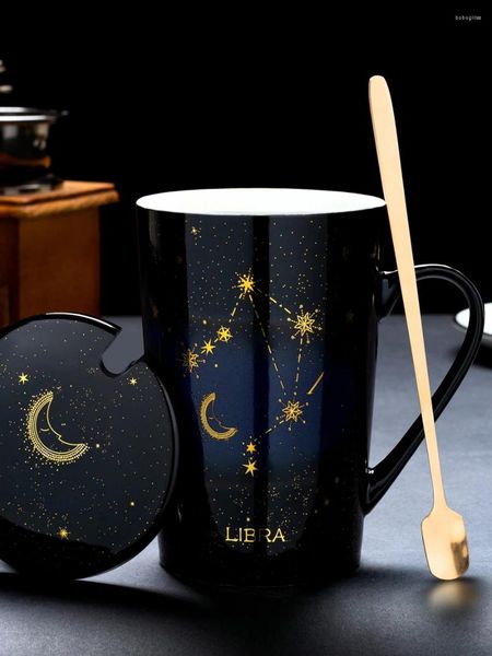 Tassen 12 Sternbänder kreative Keramik mit Löffel Deckel Schwarz und Weiß Porzellan Zodiakmilch Kaffeetasse 400 ml Wassergetränksware