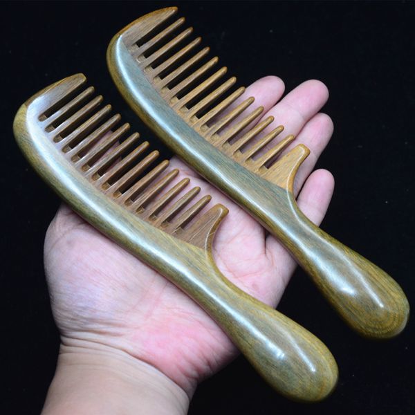 Pettine per capelli in legno di sandalo verde diretto da 18,5 cm, manico per tamburo naturale, pettine per capelli, pettine per capelli arricciacapelli a denti larghi, all'ingrosso