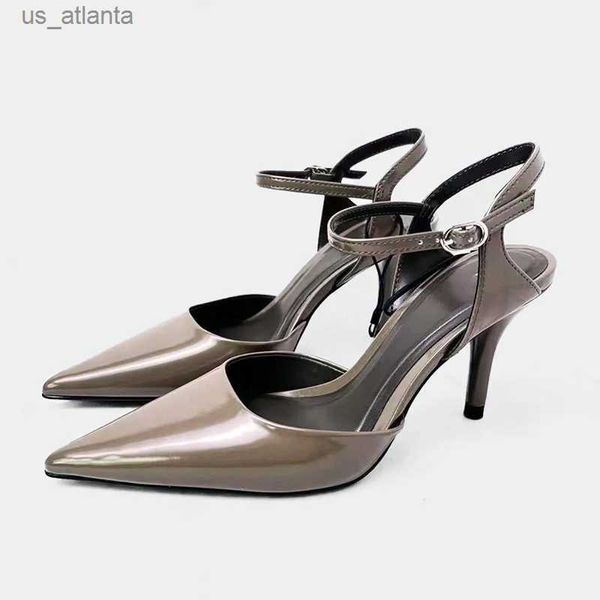 Отсуть туфли Traf Упомянутые пальцы на высоких каблуках Silettos 2024 Spring Women Grey Brown Crown Strap Slingback Насосы Краткие сандалии для H240403