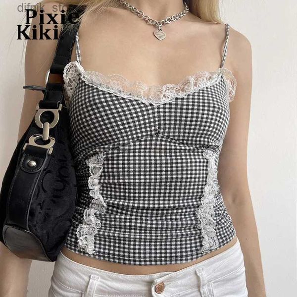 Женские танки Camis Pixiekiki Crim Trim gingham Tanks Camis Черно-белый клетчатый принцип V v Sect Tops Y2K Летняя одежда Женщины 2024 P84-AI10 Y240403