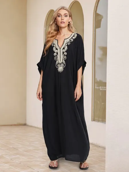 Preto bordado feminino v pescoço kaftan clássico elegante robe boho festa praia vestido caftan beachwear cobrir q1631