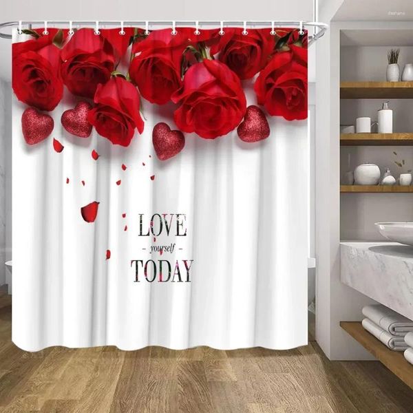 Tende da doccia Tenda per San Valentino Rose rosse Palloncini rosa Albero dell'amore Bicicletta Camion romantico Tessuto stampato in poliestere Decorazioni per il bagno