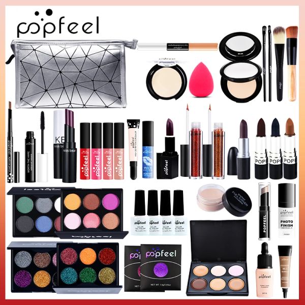 Kits Popfeel Kosmetikset Gesichtsgrundierung Nagellack Multifunktions-Puderquaste-Make-up-Set Lippenbalsam Lidschatten-Palette mit Make-up-Tasche