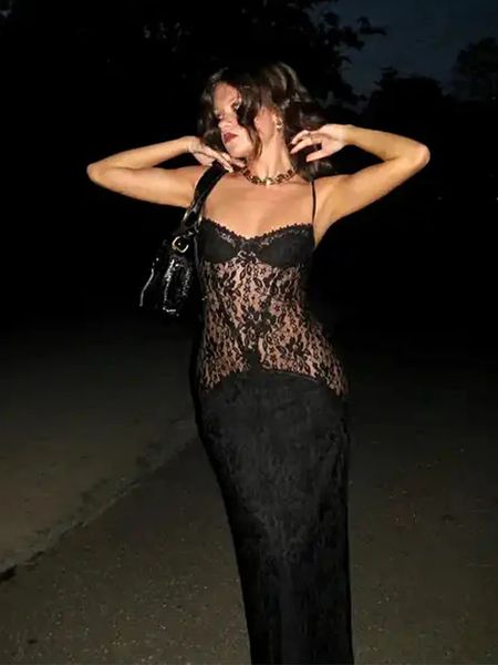 Julissa Mo Lace Sexy Veja através do Vestido Midi Slip Backless Split para mulheres Senhoras elegantes noite 2023 Moda de outono 240403