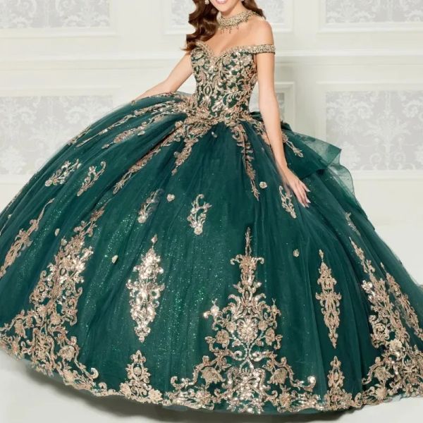 .Luxury Emerald verde quinceanera vestidos fora do ombro vestido de bola de bola de festa de aniversário vestido de ouro apliques de ouro vestidos de 15 0403