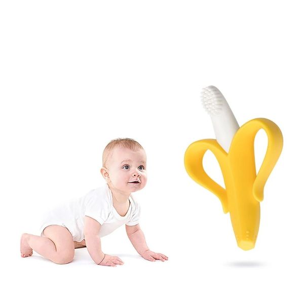 Bebek güvenli bpa ücretsiz Teether oyuncaklar Toddle muz eğitimi diş fırçası silikon çiğneme diş bakımı diş fırçası hemşirelik boncukları bebek hediyesi