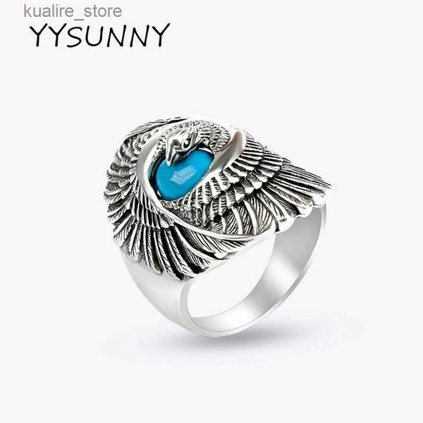 Clusterringe Yysunny Eagle Ring Türkis Domineering 925 Sterling Silver Herren Retro Thai Silber Hip Hop Rock Schmuck L240402