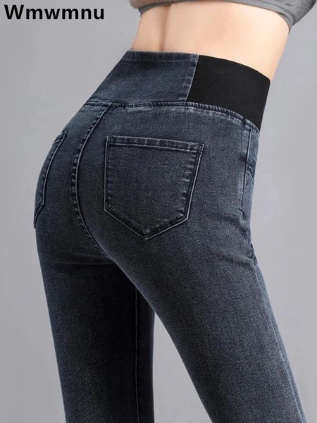 Lápis de cintura alta jean clássico skinny casual tamanho grande 38 calças de jeans de rua de rua panorces laves de lavagem esticada 240403